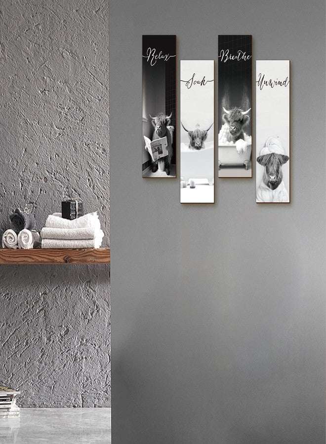YLOLUL 4 Pieces Funny Highland Cow Bathroom Wall Decor Wood Relax Soak Unwind Breathe Wall Art Bathroom Sign Hanging Cow Wooden Sign for Living Room Laundry Bathroom Spa Washroom (Cow) - Image 4