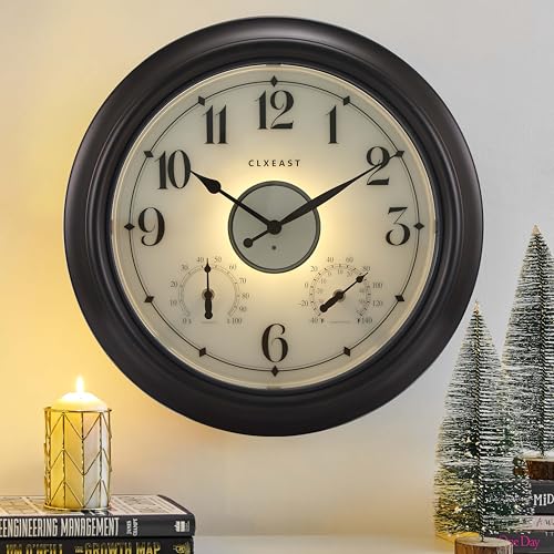 CLXEAST Illuminated Indoor Outdoor Clocks Waterproof 18 inch with Smart Night Light SensorLarge Wall Clock with Thermometer  HygrometerOil Rubbed Bronze BlackHouse Warming Gifts New Home
