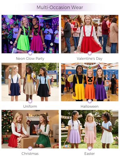 Noomelfish Girls Suspender Skater Skirt Stretchy Cotton Flared Overall Dress, Red, Size 7-8 Years - Image 4