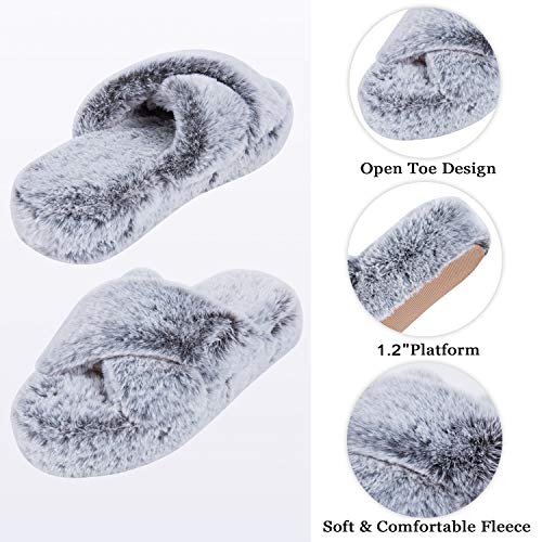 DL Fluffy Womens Cross Band Open Toe Soft Plush Fleece Bedroom Slippers - Memory Foam Comfy Non-Slip Fuzzy Indoor Slippers - Pink, Gray, Black, White - Image 3