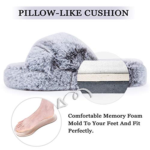 DL Fluffy Womens Cross Band Open Toe Soft Plush Fleece Bedroom Slippers - Memory Foam Comfy Non-Slip Fuzzy Indoor Slippers - Pink, Gray, Black, White - Image 4