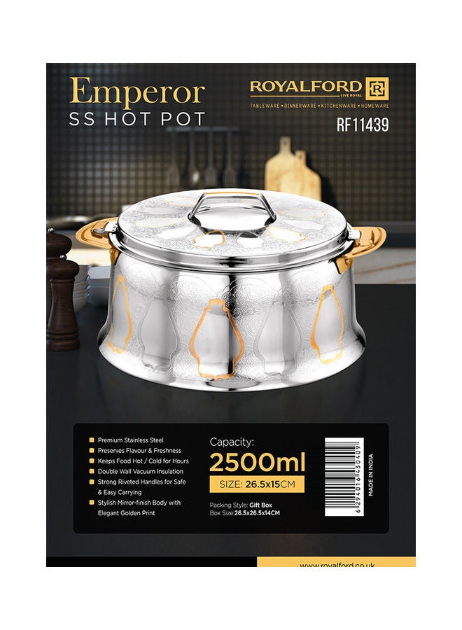 Royalford Emperor Stainless Steel Hotpot Food-Grade Hot And Cold Hotpot With Double Wall Vacuum Insulation Firm Twist Lock To Keep Food Fresh For Long Silver with Golden Print 26.5x26.5x14 cmml - Image 5