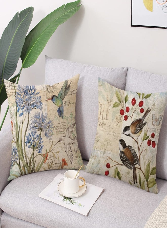 wyooxoo Farmhouse Pillow Covers 18x18 Set of 4 Spring Summer Throw Pillow Covers Linen Flower Butterfly Bird Decorative Pillowcases for Sofa Couch Living Room Outdoor - Image 3