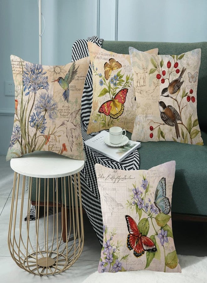 wyooxoo Farmhouse Pillow Covers 18x18 Set of 4 Spring Summer Throw Pillow Covers Linen Flower Butterfly Bird Decorative Pillowcases for Sofa Couch Living Room Outdoor - Image 4