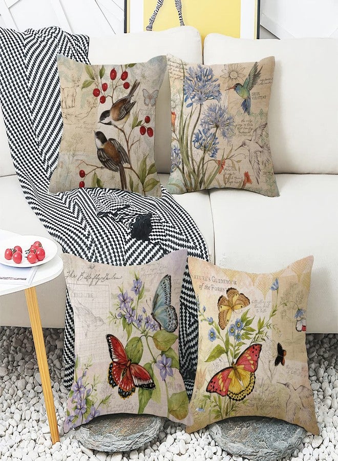 wyooxoo Farmhouse Pillow Covers 18x18 Set of 4 Spring Summer Throw Pillow Covers Linen Flower Butterfly Bird Decorative Pillowcases for Sofa Couch Living Room Outdoor - Image 5