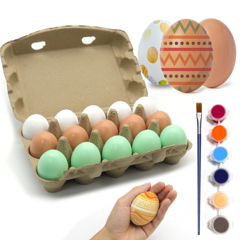 Sportsvoutdoors 15pcs Wooden Fake Eggs  3-Color Wooden Easter Eggs  DIY Kitchen Pretend Game Food Set  Children's Kitchen Game Toys  Home Decoration Products  Fake Eggs for Home Farm Decoration  - Image 1