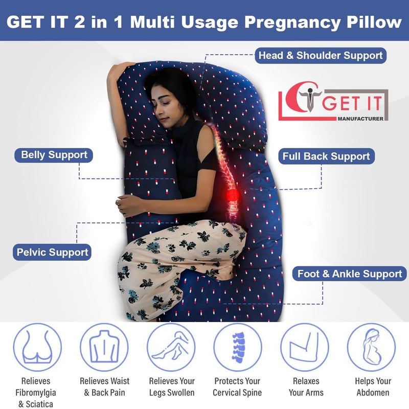 Get It GET IT Maternity Pilow | Pregnancy Pillow | Premium 3 in 1 Multi Usage as Breastfeeding | Dismantle Model | Back Pain | Leg pelivs Support | 6 Months Warranty (Navy Blue Print) - Image 3