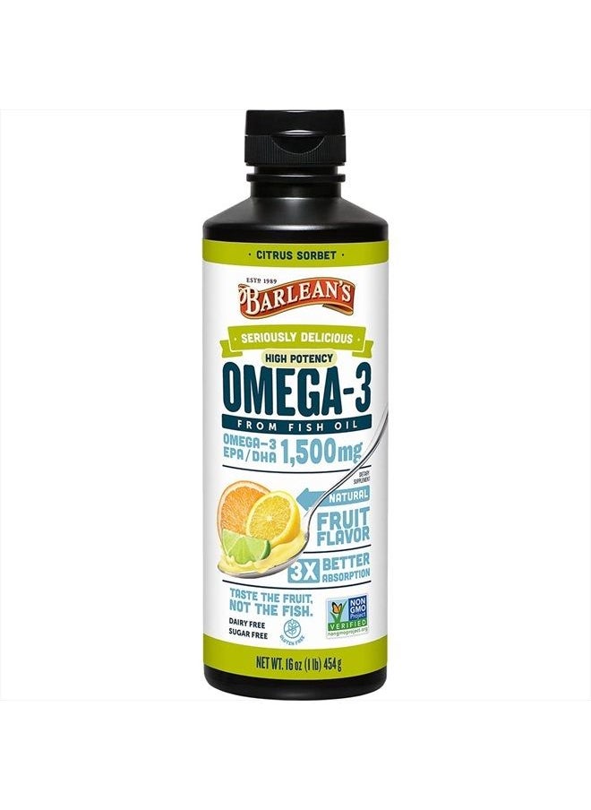 BARLEAN'S - Citrus Sorbet High Potency Omega 3 Fish Oil Liquid Supplement, 1500mg of EPA & DHA Fatty Acid, Smoothie Flavored & Burpless for Brain, Joint, & Heart Health, 16 oz - Image 1