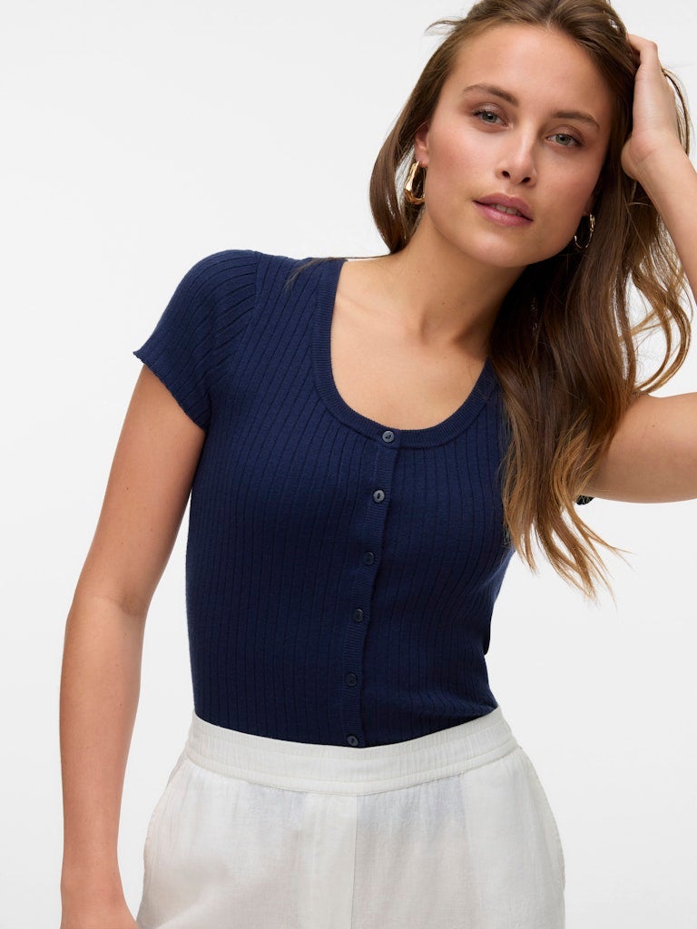 VERO MODA VMGOLD RIB SS U-NECK BUTTON TOP - Image 3