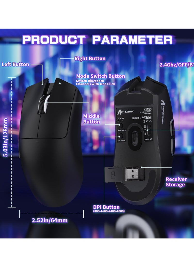 X11SE Ultra-Light Wireless Gaming Mouse, Tri-Mode-2.4G/USB-C Wired/BT, PixArt PAW3311 Gaming Sensor, 22KDPI, 5 Programmable Buttons for Laptop, PC, Mac Gamer (Black&Sticker)
