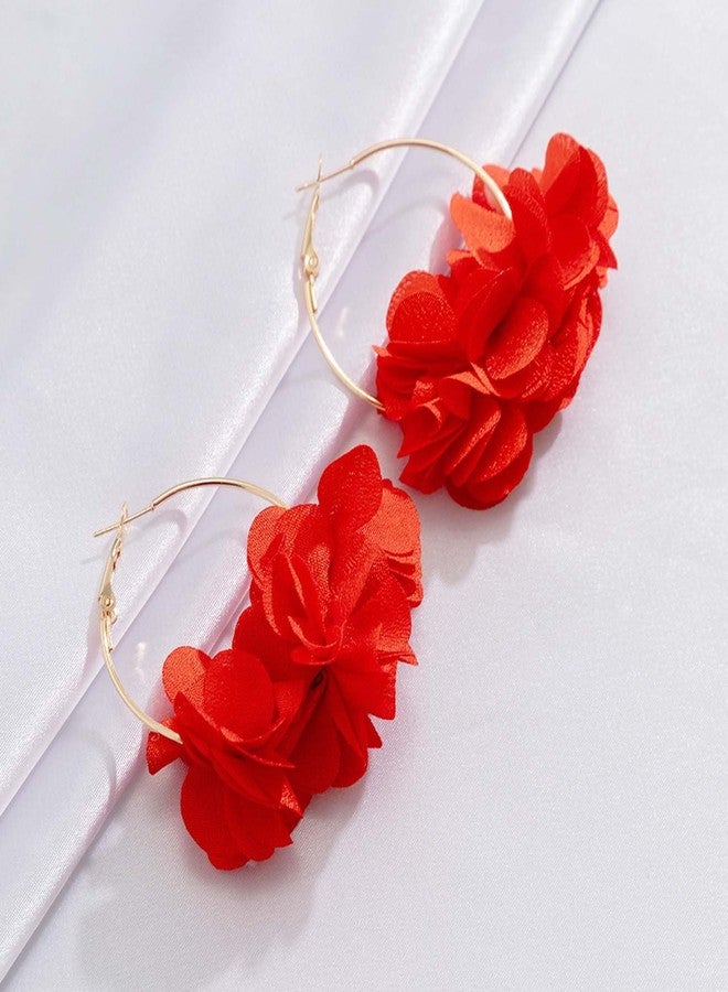 Aksod Christmas Flower Earrings Red Rose Floral Earrings Dangle Lightweight Fabric Circle Hoops Xmas Holiday Earring Jewelry for Women (Red) - Image 3