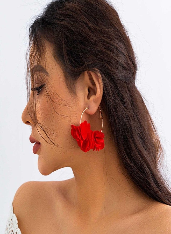 Aksod Christmas Flower Earrings Red Rose Floral Earrings Dangle Lightweight Fabric Circle Hoops Xmas Holiday Earring Jewelry for Women (Red) - Image 2