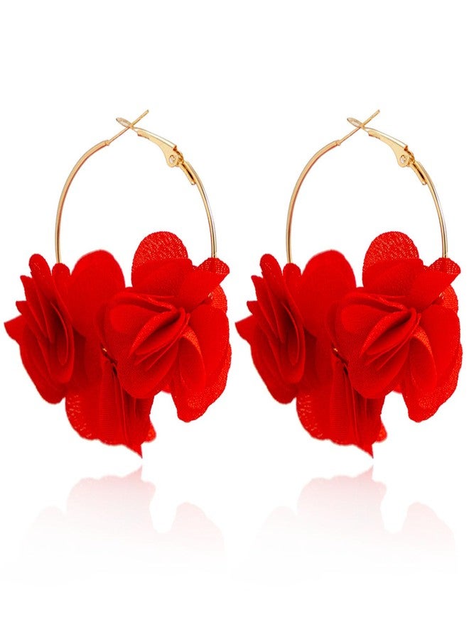 Aksod Christmas Flower Earrings Red Rose Floral Earrings Dangle Lightweight Fabric Circle Hoops Xmas Holiday Earring Jewelry for Women (Red) - Image 1