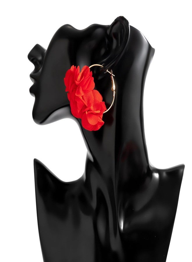 Aksod Christmas Flower Earrings Red Rose Floral Earrings Dangle Lightweight Fabric Circle Hoops Xmas Holiday Earring Jewelry for Women (Red) - Image 5