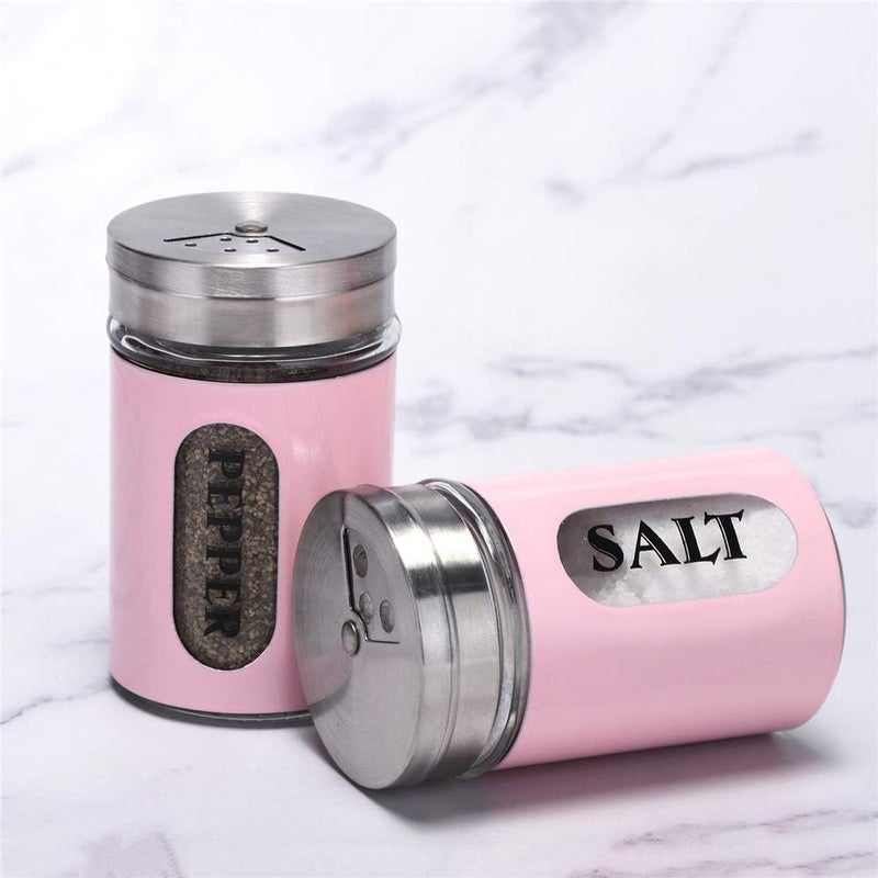 STJKBDFC Salt and Pepper Shakers Stainless Steel and Glass Set with Adjustable Pour Holes (Pink) - Image 3