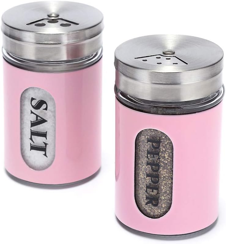 STJKBDFC Salt and Pepper Shakers Stainless Steel and Glass Set with Adjustable Pour Holes (Pink) - Image 1