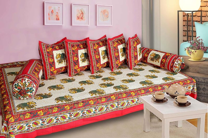 AMLEXTTRIZ Special Animal Printed Pure Soft Cotton Diwan Cover Set 8 Pcs Set 5 Cushion Cover2 Bolster Cover1 Bedsheet RED - Image 1