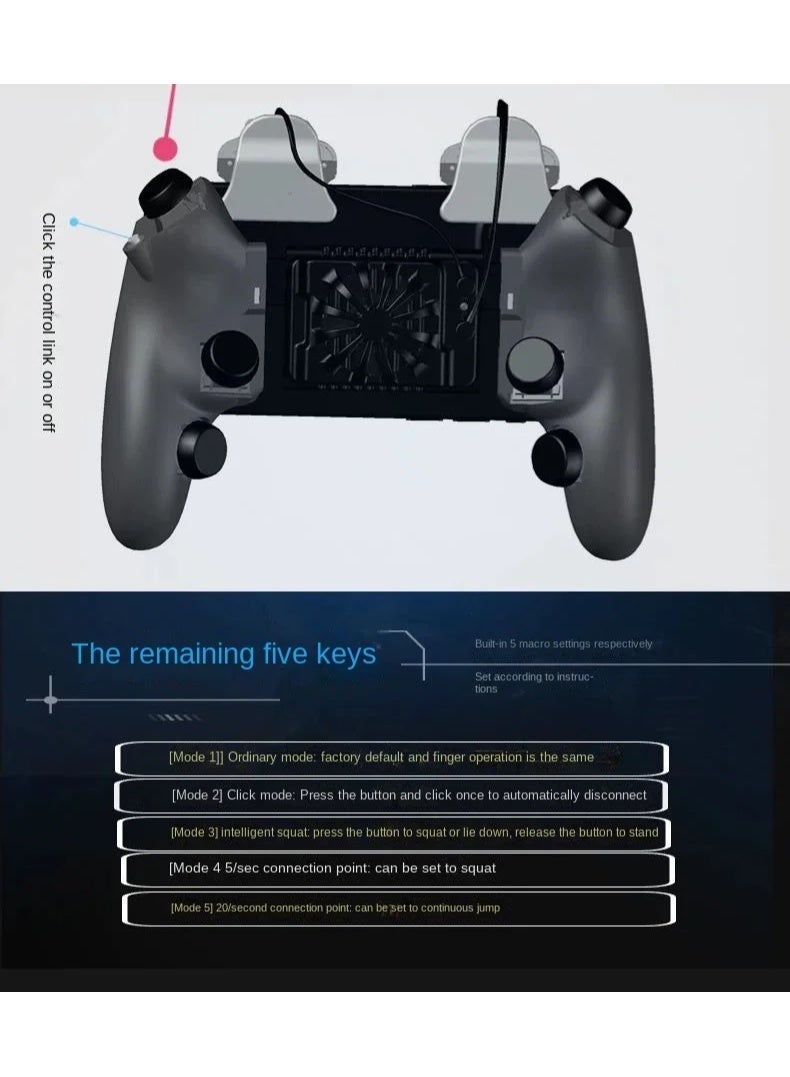 Sarafox A 6-button, 8-finger mobile gaming controller featuring a built-in cooling fan for heat dissipation during gameplay. It includes physical trigger buttons that support continuous clicking, rapid-fire/macro functions (20 clicks/second), and 5 smart clicking modes. Its expandable design ensures compatibility with a wide range of smartphone sizes (iOS and Android). - Image 4