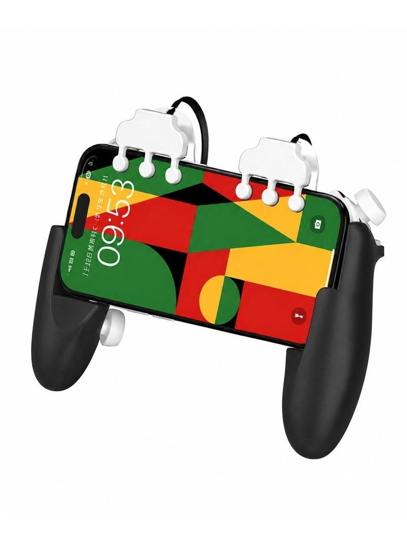 Sarafox A 6-button, 8-finger mobile gaming controller featuring a built-in cooling fan for heat dissipation during gameplay. It includes physical trigger buttons that support continuous clicking, rapid-fire/macro functions (20 clicks/second), and 5 smart clicking modes. Its expandable design ensures compatibility with a wide range of smartphone sizes (iOS and Android). - Image 1