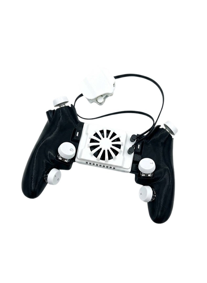 Sarafox A 6-button, 8-finger mobile gaming controller featuring a built-in cooling fan for heat dissipation during gameplay. It includes physical trigger buttons that support continuous clicking, rapid-fire/macro functions (20 clicks/second), and 5 smart clicking modes. Its expandable design ensures compatibility with a wide range of smartphone sizes (iOS and Android). - Image 3