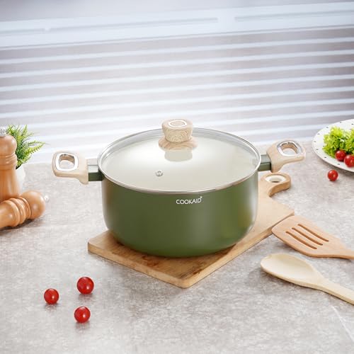 COOKAID Casserole with Lid 4.8 LTR | Casserole for Cooking and Serving | Ceramic Non Stick Coating | ISI Certified | Aluminium Body | Induction & Gas Stove Compatible | Velora - Olive Green - Image 1