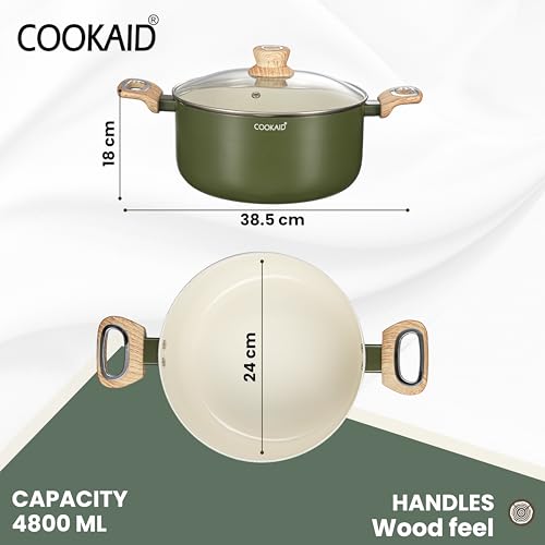 COOKAID Casserole with Lid 4.8 LTR | Casserole for Cooking and Serving | Ceramic Non Stick Coating | ISI Certified | Aluminium Body | Induction & Gas Stove Compatible | Velora - Olive Green - Image 2