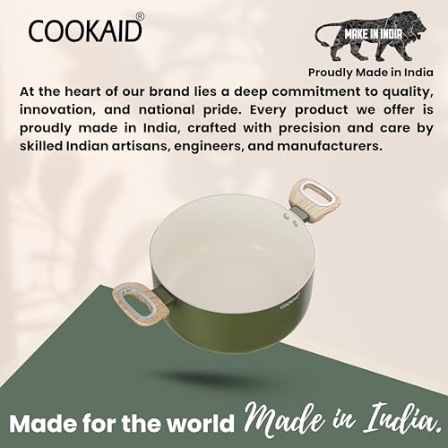 COOKAID Casserole with Lid 4.8 LTR | Casserole for Cooking and Serving | Ceramic Non Stick Coating | ISI Certified | Aluminium Body | Induction & Gas Stove Compatible | Velora - Olive Green - Image 3