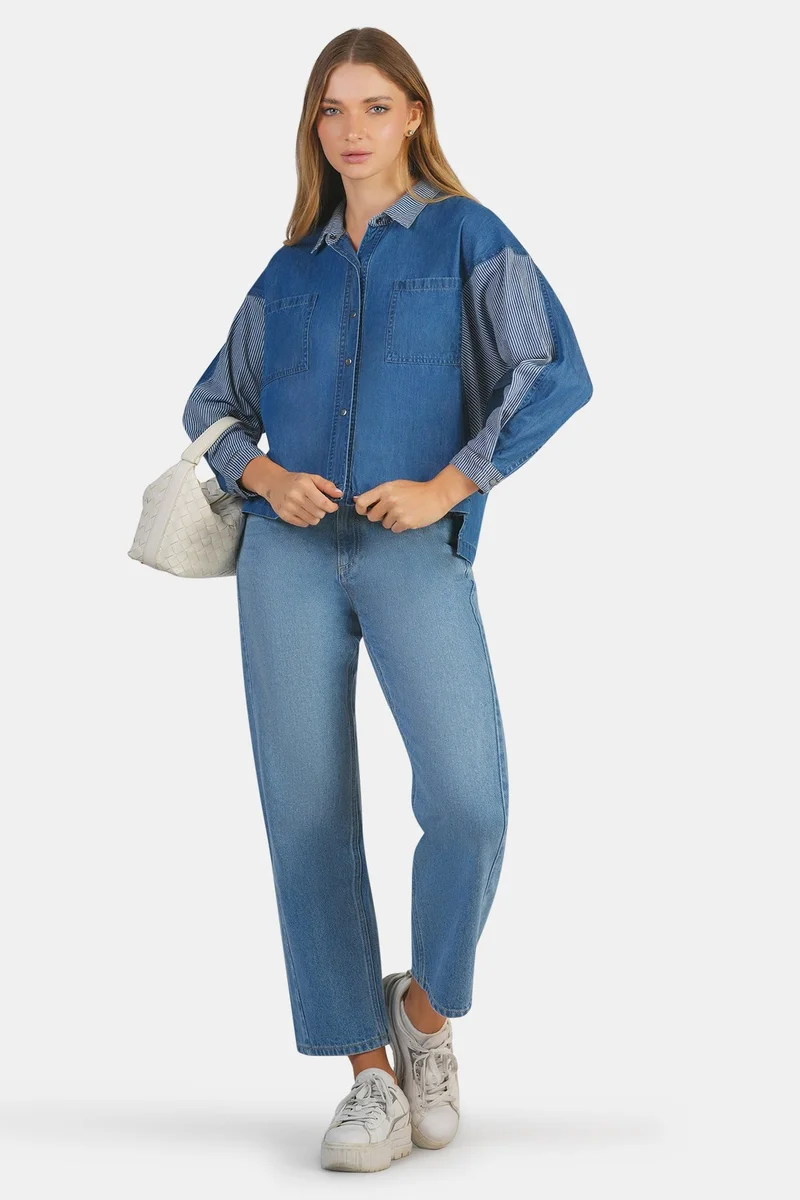 فيرجيو Solid Cotton Denim Mix Dolman Shirt for Women
