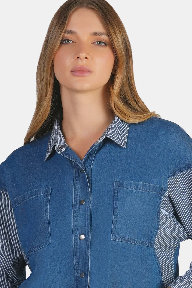 Virgio Blue Solid Cotton Denim Mix Dolman Shirt for Women for Women | Best Price UAE
