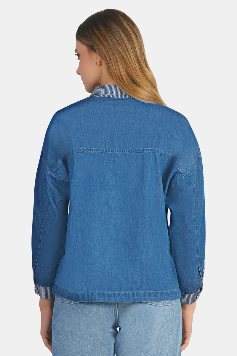 Virgio Blue Solid Cotton Denim Mix Dolman Shirt for Women for Women | Best Price UAE