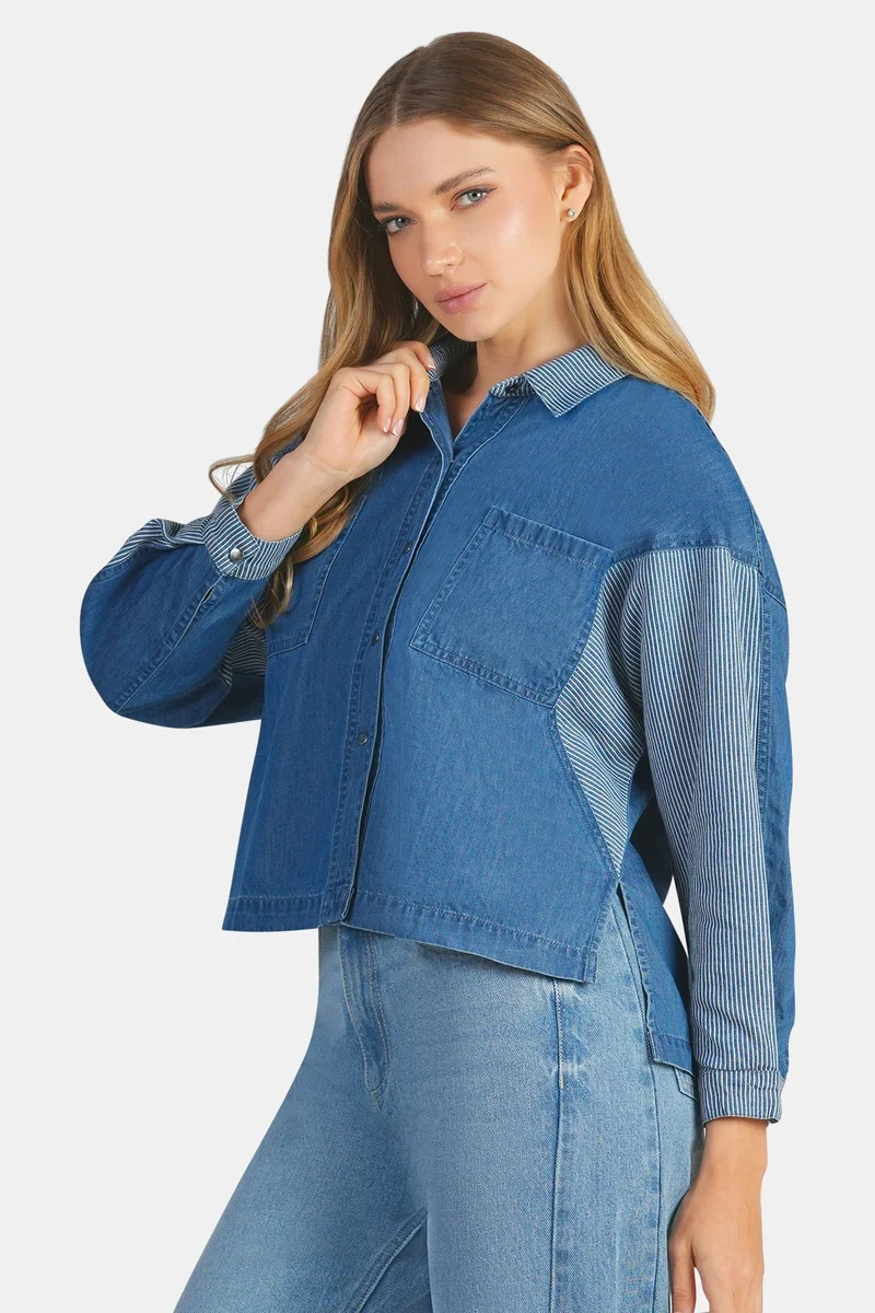 فيرجيو Solid Cotton Denim Mix Dolman Shirt for Women