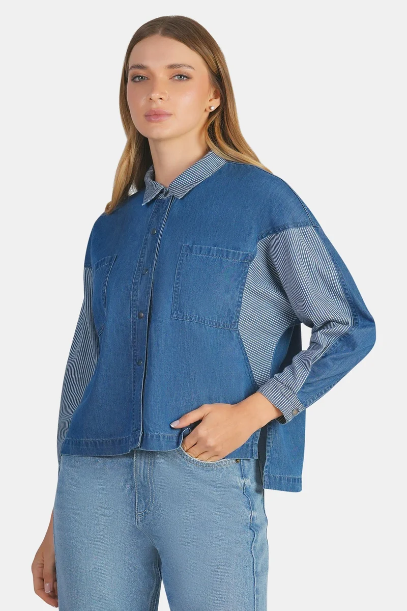 Virgio Blue Solid Cotton Denim Mix Dolman Shirt for Women for Women | Best Price UAE