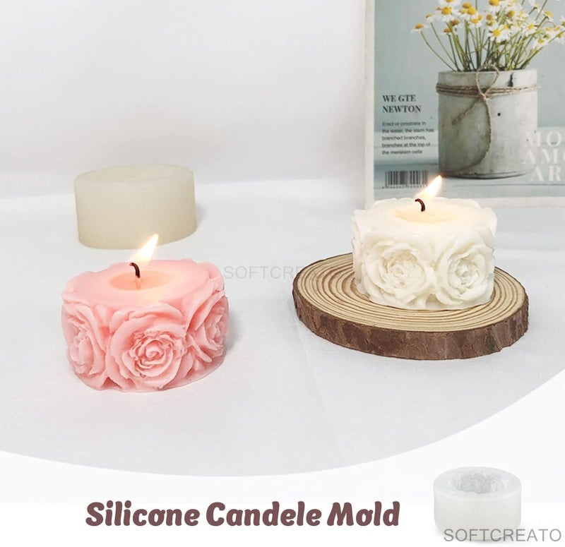 SOFTCREATO Rose Flower Column Candle Molds Valentine's Day Cylinder Round Peony Flower Petals Resin Casting Mold for Candle Making Resin Casting Silicone Mold for DIY Aromatherapy Candles, Wax, Soaps, Polymer Clay Making Polymer Clay Craft Plaster - Image 2