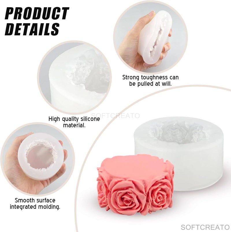 SOFTCREATO Rose Flower Column Candle Molds Valentine's Day Cylinder Round Peony Flower Petals Resin Casting Mold for Candle Making Resin Casting Silicone Mold for DIY Aromatherapy Candles, Wax, Soaps, Polymer Clay Making Polymer Clay Craft Plaster - Image 3
