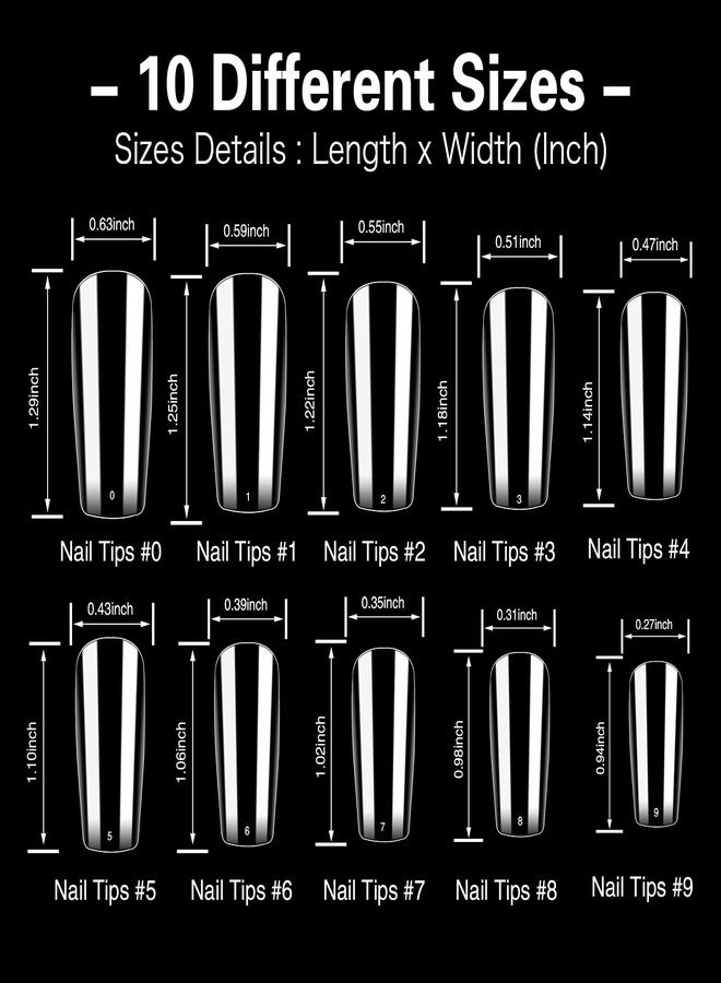 Electomania إلكتومانيا 500 قطعة أظافر مزيفة، 10 أحجام أظافر صناعية، أظافر شفافة، أظافر أكريليك أظافر مزيفة مع علبة لصالونات الأظافر وفن الأظافر DIY (مربع) - Image 2