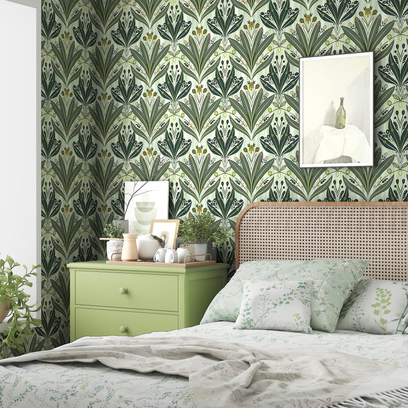 PeonyQueen Green Leaf Wallpaper Peel and Stick Wallpaper 17.3"x78.8" Modern Botanical Contact Paper for Cabinets Waterproof Self Adhesive Wall Paper Removable Wallpapers Decorative Neutral Wallpapers for Bedroom - Image 2