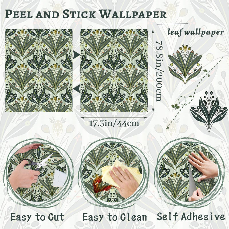 PeonyQueen Green Leaf Wallpaper Peel and Stick Wallpaper 17.3"x78.8" Modern Botanical Contact Paper for Cabinets Waterproof Self Adhesive Wall Paper Removable Wallpapers Decorative Neutral Wallpapers for Bedroom - Image 3