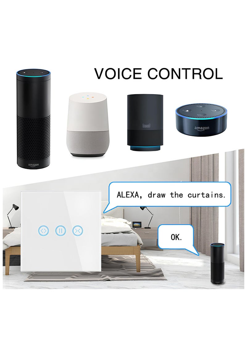 Smart WiFi Curtain Switch with Touch Glass Panel, Neutral Wire Required, Compatible with Alexa and Google Home, Touch & App Remote Control, Timing Function & Voice Control (White) - Image 3