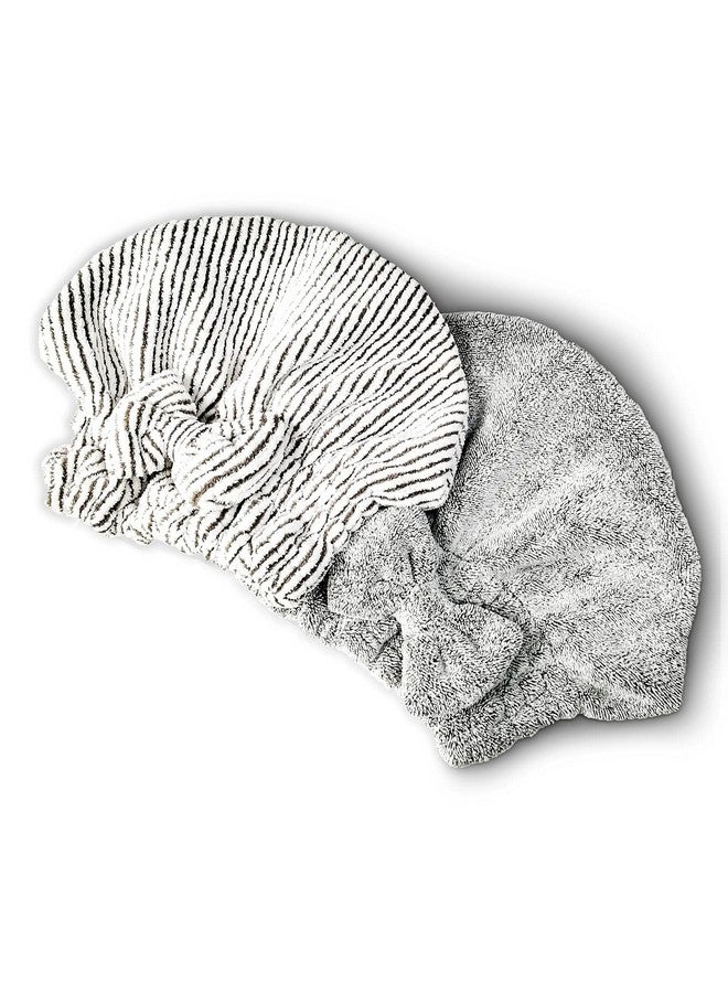 SportMore SportMore Microfiber Hair Towel Cap,Soft Absorbent Quick Drying Cap for Curly Thick Hair, Wrap Cap for Women Girls-Set of 2 Pcs (Stripe&Gray) - Image 1