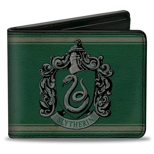 Buckle Down Buckle-Down Men's PU Bifold Wallet-Slytherin Crest/Stripe6 Weathered Greens/Grays, Multicolor, 4.0" x 3.5" - Image 1