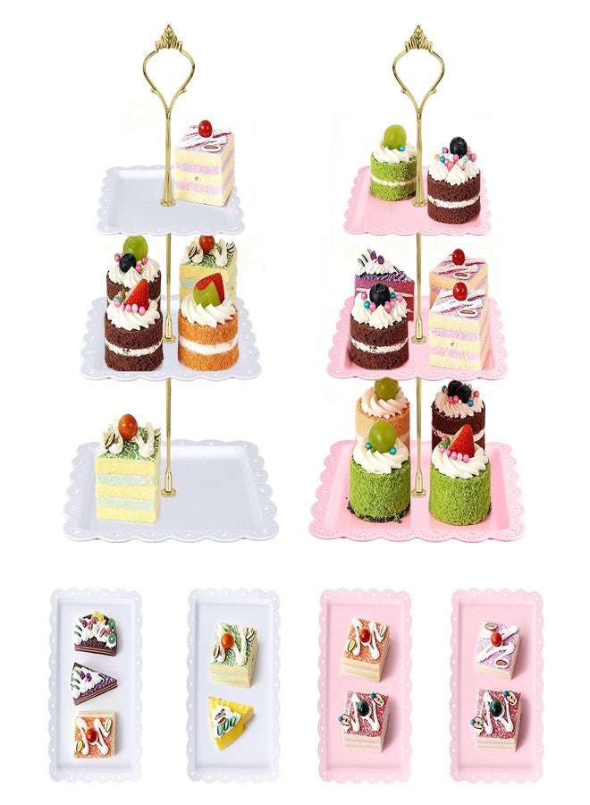 NICECHEF 6 Pack 3-Tier Square Cupcake Stand & Dessert Tray Set - 2 Holders + 4 Plates, Elegant Display for Cakes, Cupcakes, Perfect for Wedding, Baby Shower, Parties - Image 1