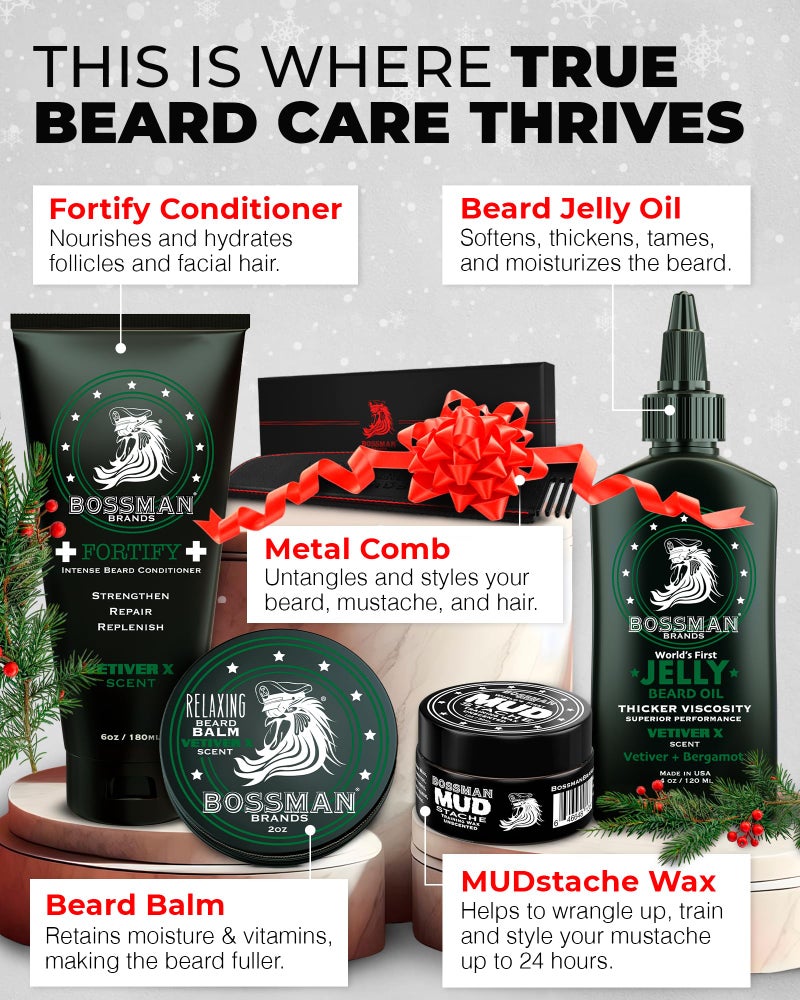 Bossman Complete Beard Kit â€“ Men's Beard Oil Jelly, Fortifying Shower Conditioner, Balm, Mustache Wax & Comb â€“ Beard Softener & Grooming Care â€“ Men Gift Set (Magic Scent) - Image 2