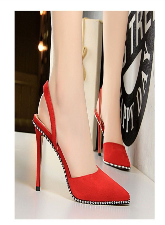 BIGTREE Pointed Back Strap Rivet High Heel Sandals 9CM Red - Image 2