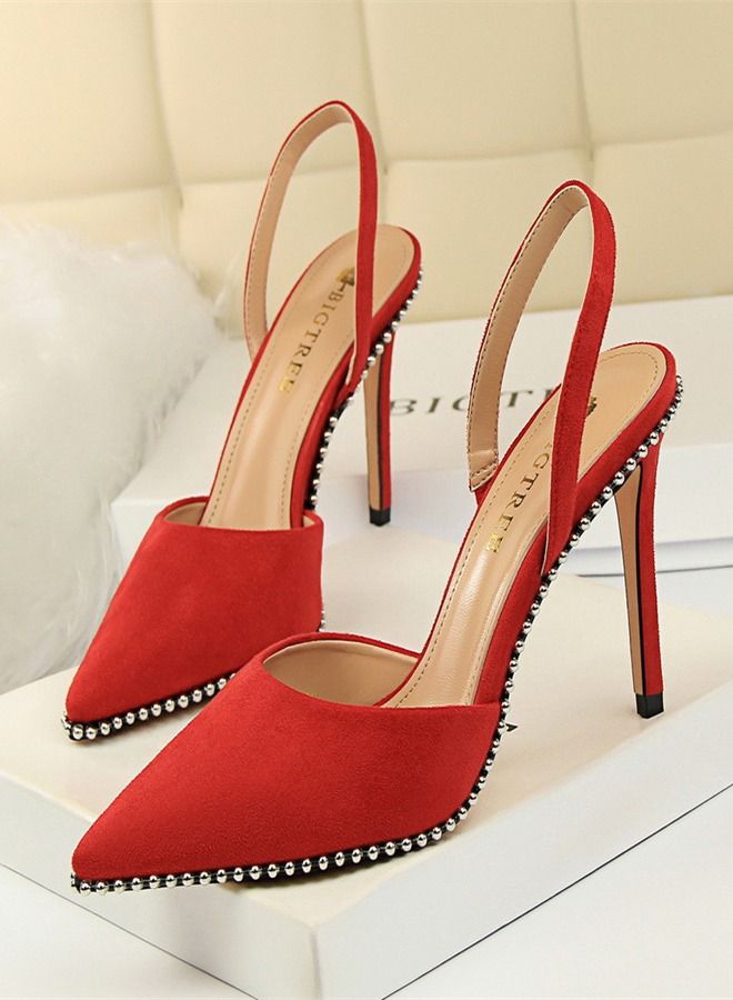 BIGTREE Pointed Back Strap Rivet High Heel Sandals 9CM Red - Image 1