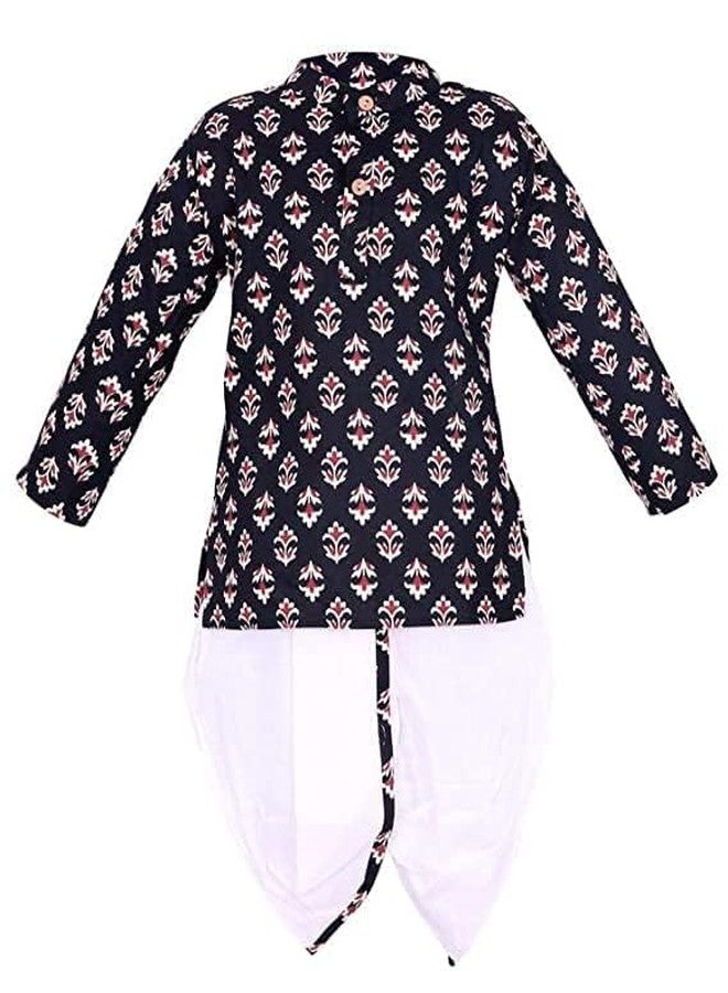 LITTLE DREAMS Traditional Jaipuri Print Dhoti & Kurta Set Special for Kids Black & White 6-12 M - Image 1