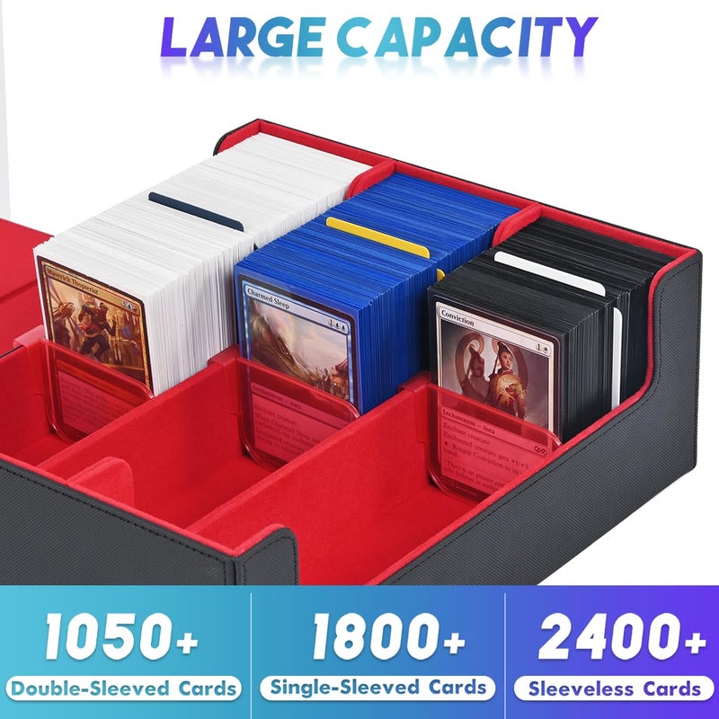 UAONO Trading Card Storage Box Holds 1800 Sleeved Cards with 10 Dividers  3 Stoppers Magnetic Closure PU Leather Card Case for MTG PTCG YGO Sports Cards Blackred - Image 3