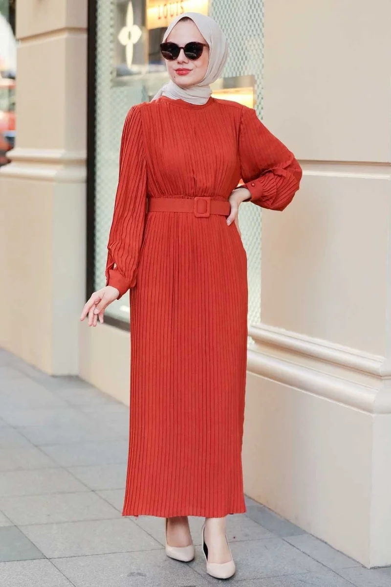 نيفا ستايل - Pleated Brick Hijab Dress 3369KRMT