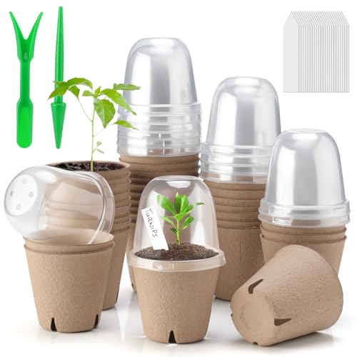 Baxrou 36 Set 3.15 Inch Peat Pots Plant Starters for Seedling with Humidity Dome,Herb Seed Starter Pots Kits, Garden Germination Nursery Pot wit 36 Plant Labels, 2 Transplant Tools. - Image 1