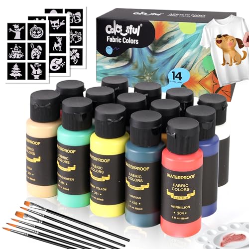 Colorful طقم طلاء قماش ملون للملابس، مع 6 فرش، 1 لوحة، 14 لون طلاء قماش دائم وآمن للأطفال وغير سام للتي شيرت، الحقائب والأحذية القماشية - Image 1