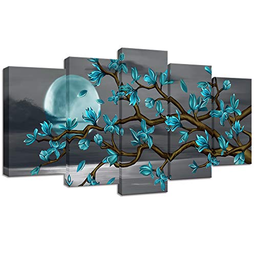 Visual Art Decor Beautiful Flowers Wall Art Abstract Teal Magnolia Blossom Over Sea Canvas Prints Gallery Wrap Floral Decoration Modern Living Room Bedroom Home Artwork Gift W50xH24